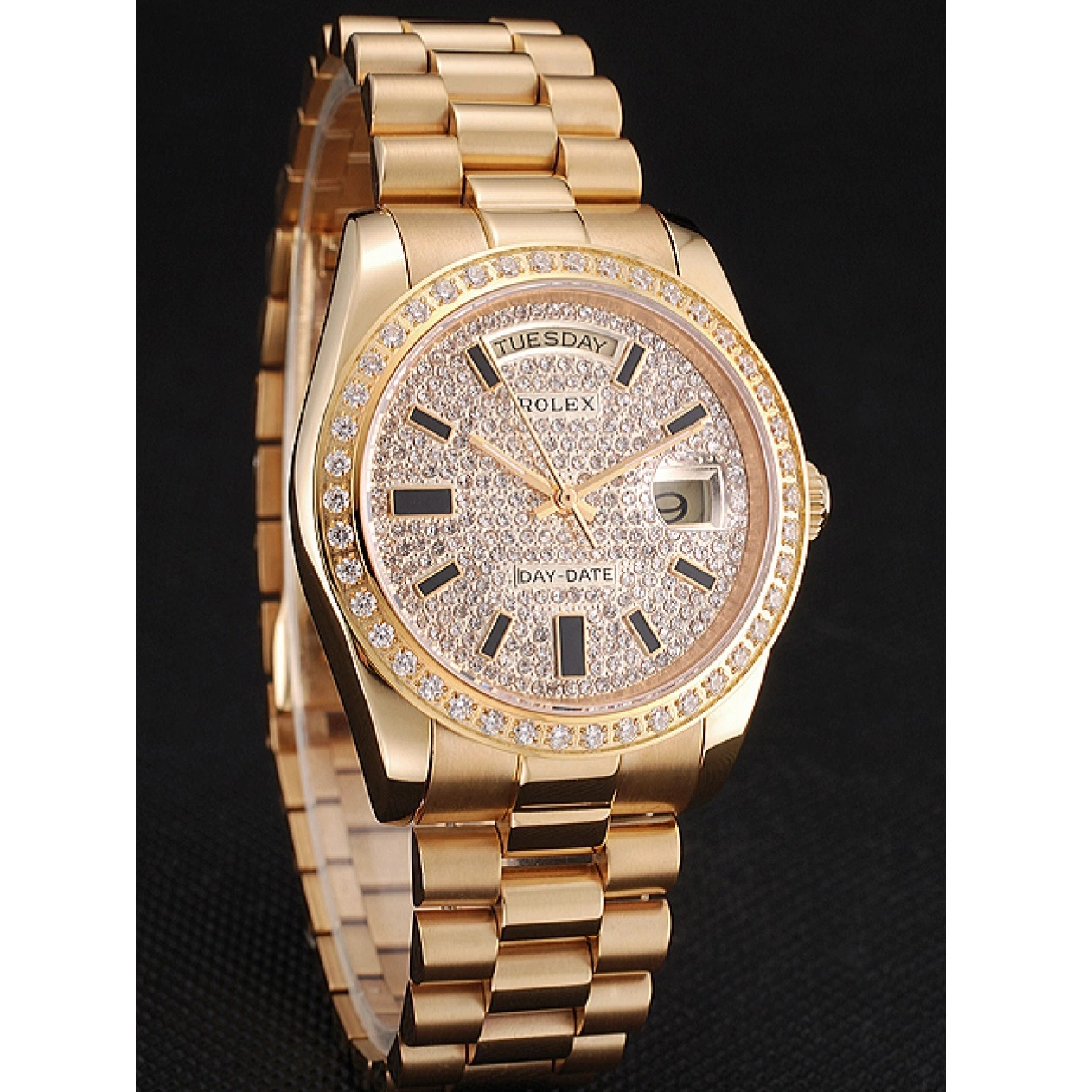 Aaa replica watch Pave And Day Case Bezel Date Bracelet Swiss Diamond Rolex Dial Gold And 0726